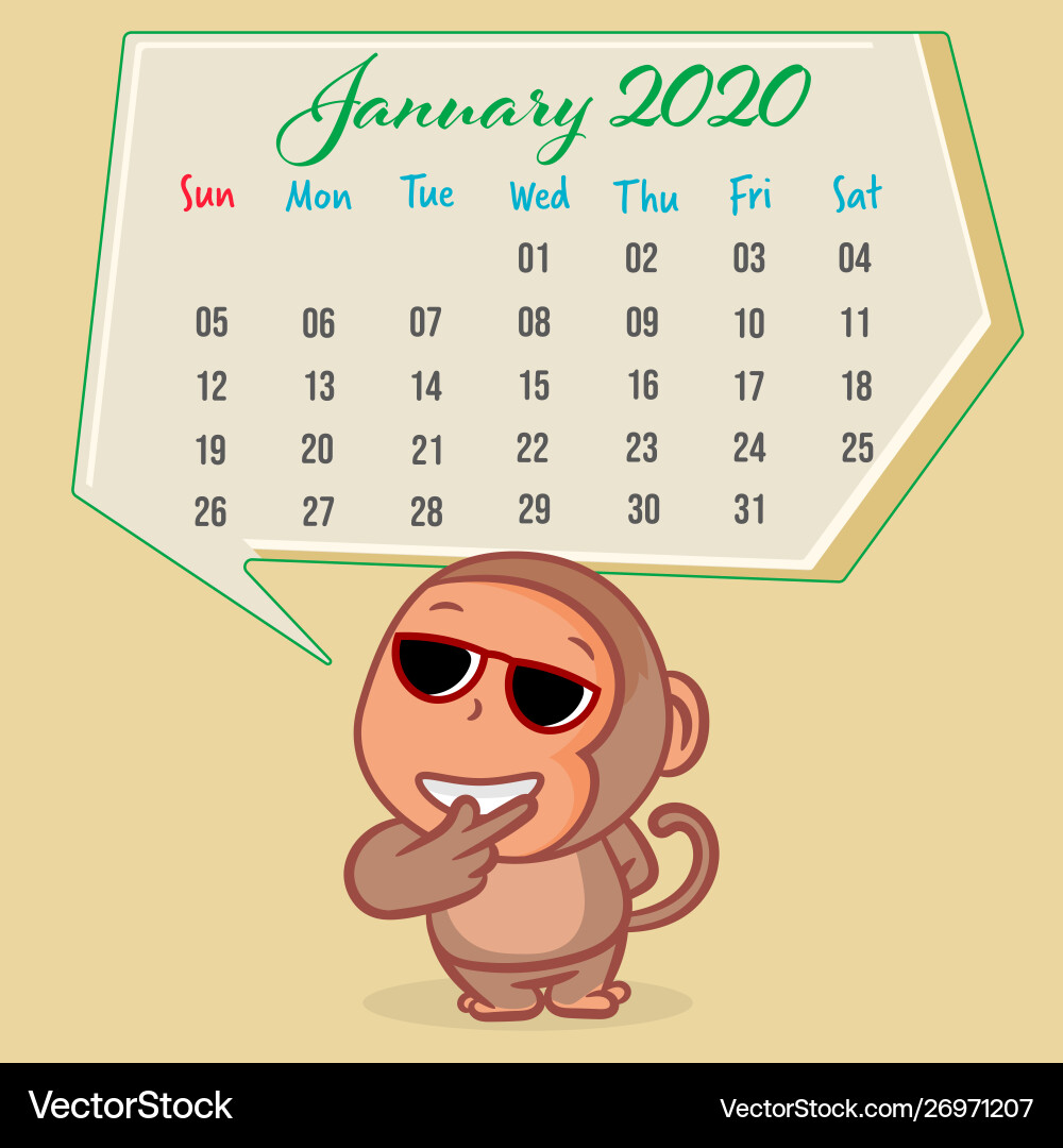 Süßer Affenkarikatur mit Januar 2020 Kalender Vektorbild