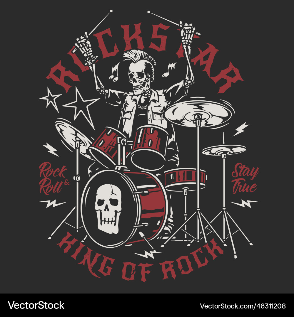 Rockstar skeleton drummer colorful poster Rockstar skeleton drummer colorful poster vector image