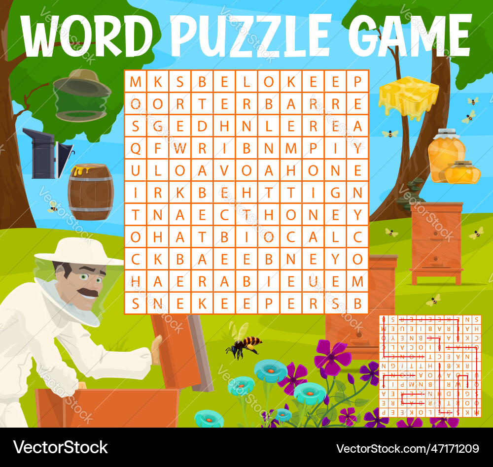 Beekeeping and apiary word search puzzle quiz game Beekeeping and apiary word search puzzle quiz game Vector Image