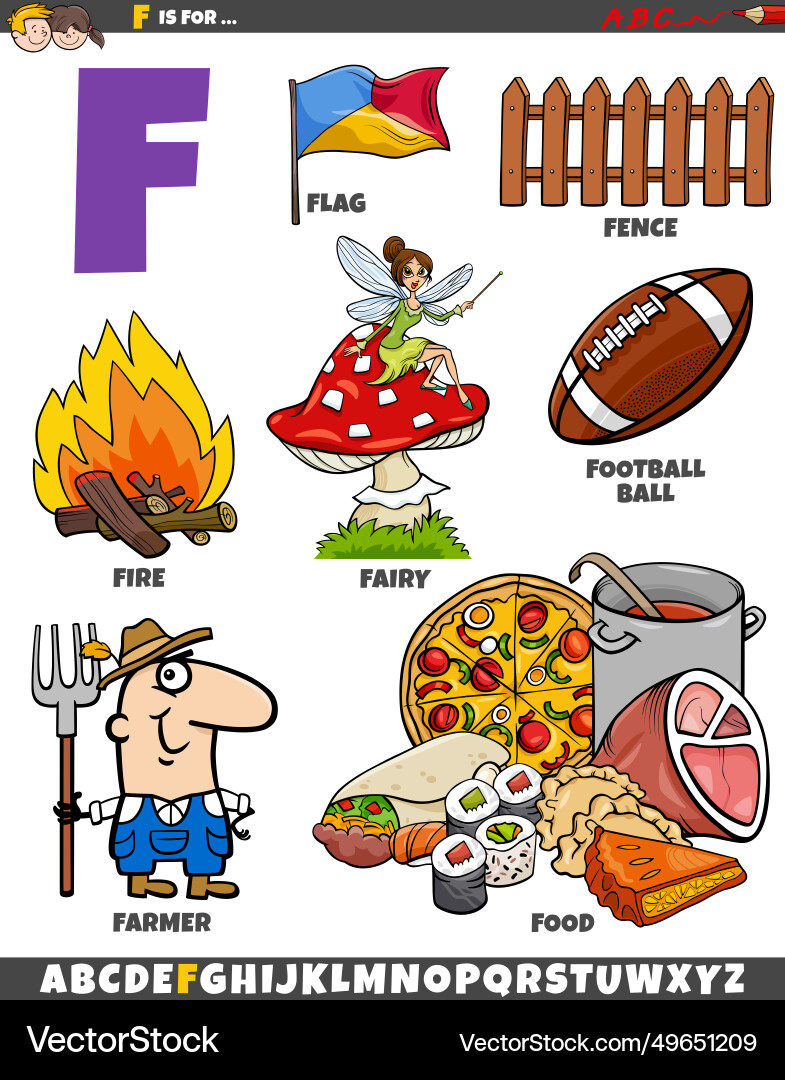Letter f set with cartoon objects and characters Letter f set with cartoon objects and characters vector image