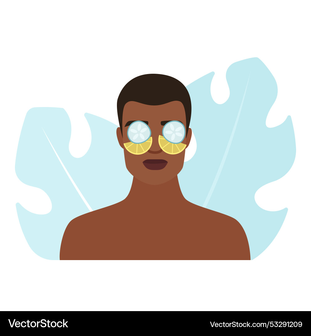 Man with lemon and cucumber eye pads vector image
