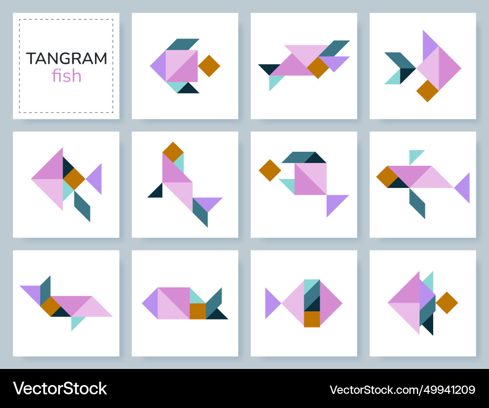 Tangram puzzle game set with various fish Tangram puzzle game set with various fish Vector Image