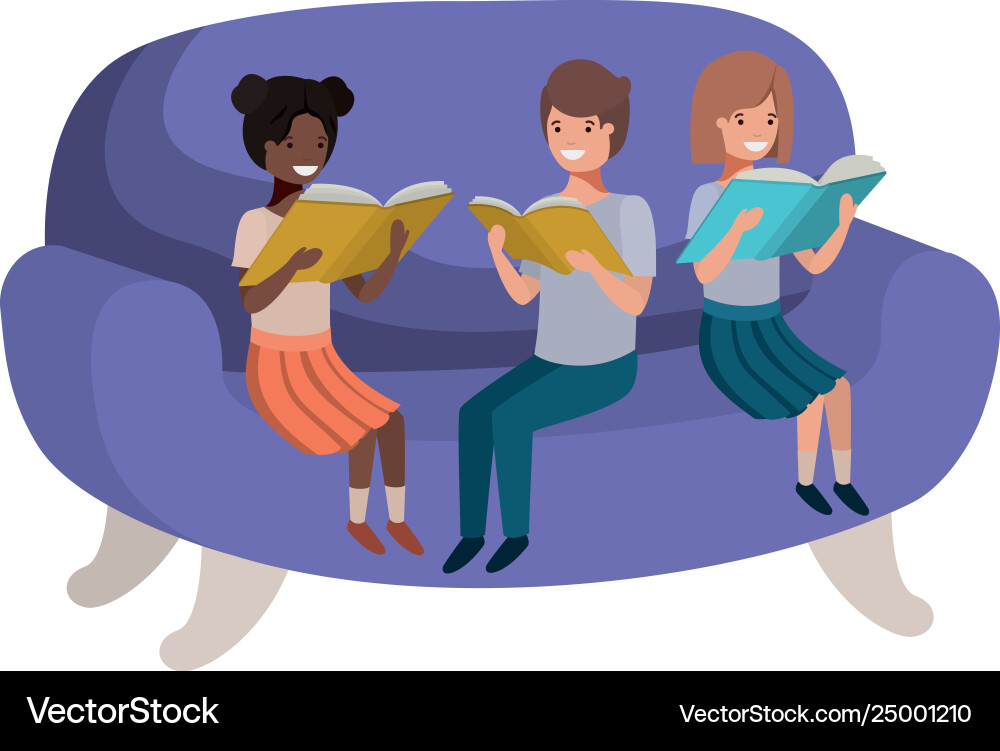 Gruppenmitglieder sitzen im Sofa mit Buch avatar Gruppenmitglieder sitzen im Sofa mit Buch avatar vektorbild