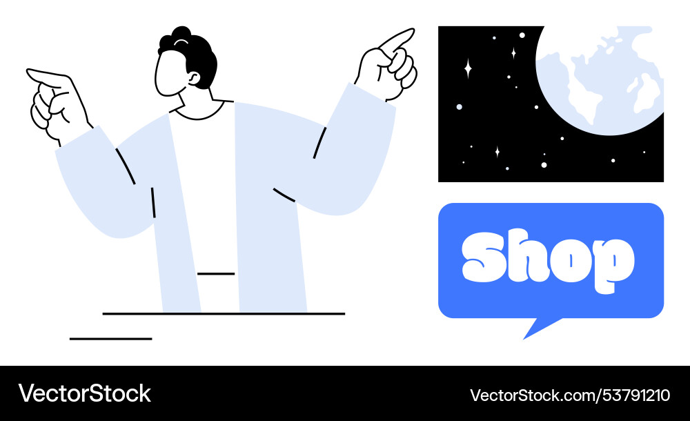Man pointing earth in space and shop message Man pointing earth in space and shop message vector image