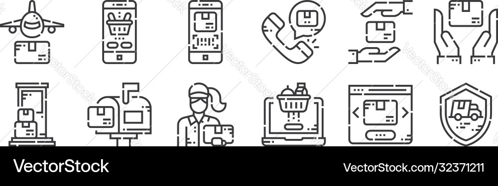 12 set linear delivery icons thin outline vector image