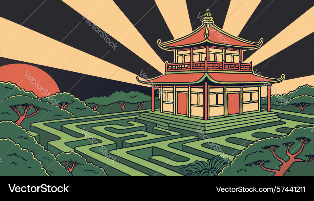 Illuminated pagoda maze design generative ai Vector Image