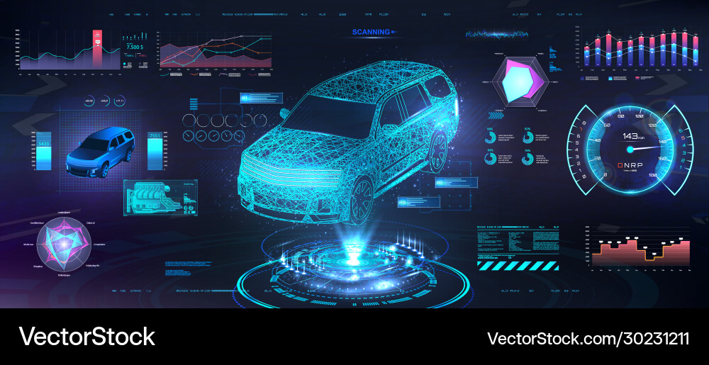 Polygonal auto hologram with hud ui interface vector image