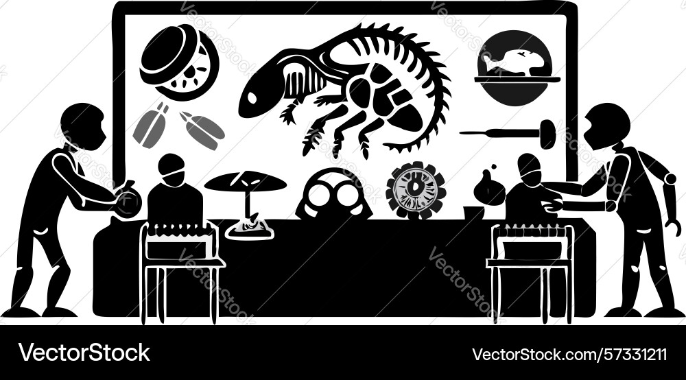 Scientists studying dinosaur skeleton in lab vector image
