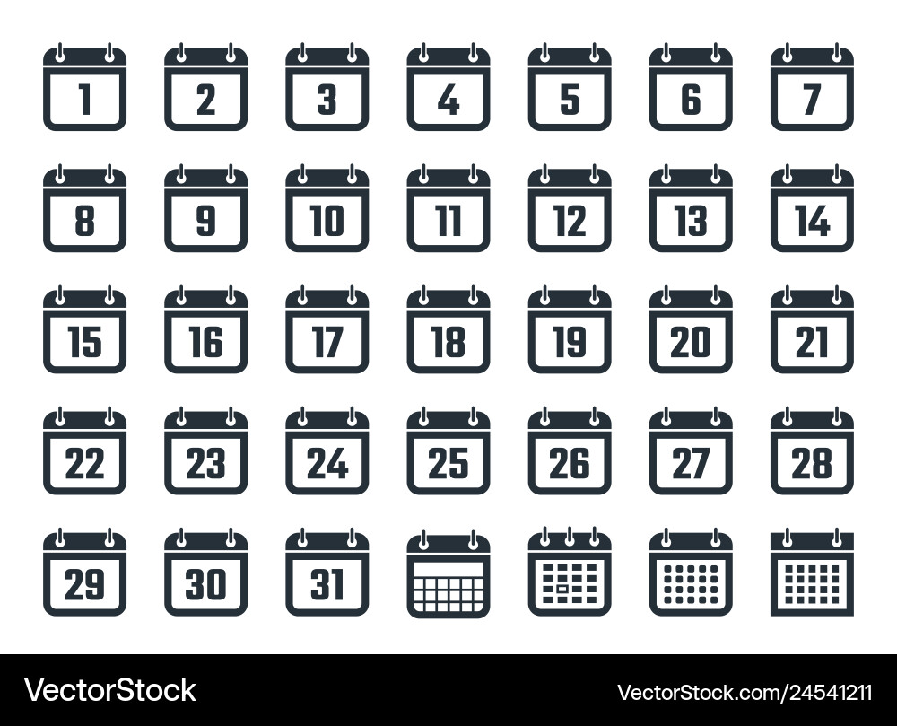Set of calendar icons with dates from 1 to 31 Set of calendar icons with dates from 1 to 31 Vector Image