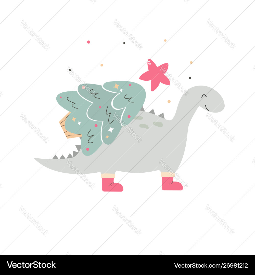 Holiday hand drawn dino with christmas tree Holiday hand drawn dino with christmas tree vector image