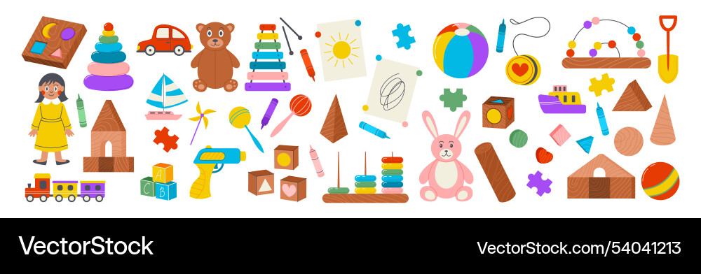 Baby toys bear cute doll and kids drawing Baby toys bear cute doll and kids drawing vector image