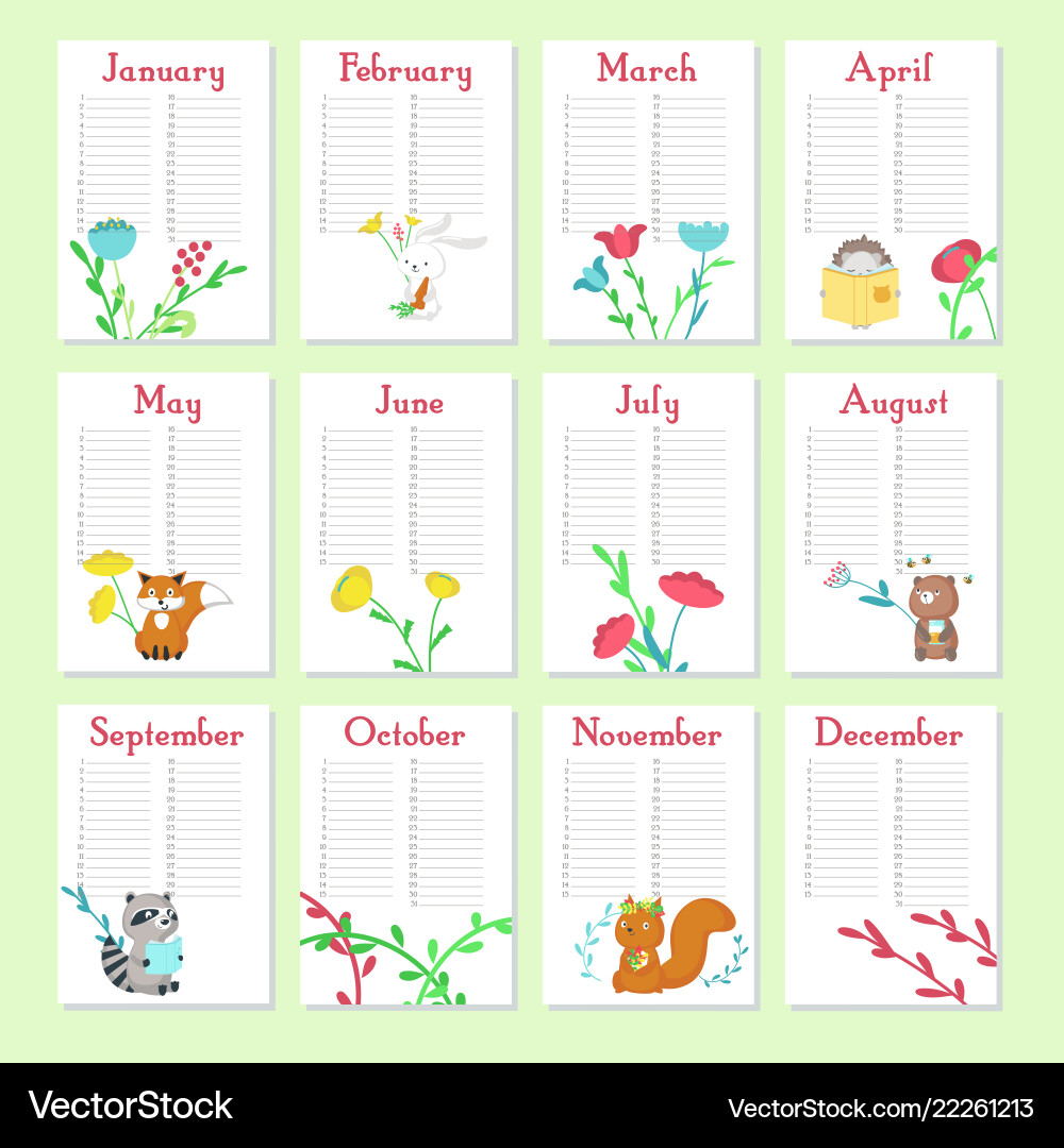 Planner calendar template with cute animals Planner calendar template with cute animals vector image