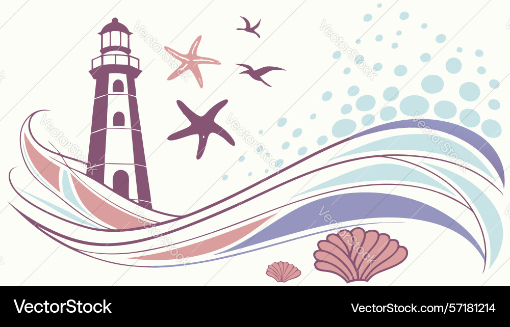 Lighthouse coastal waves and shells design vector image