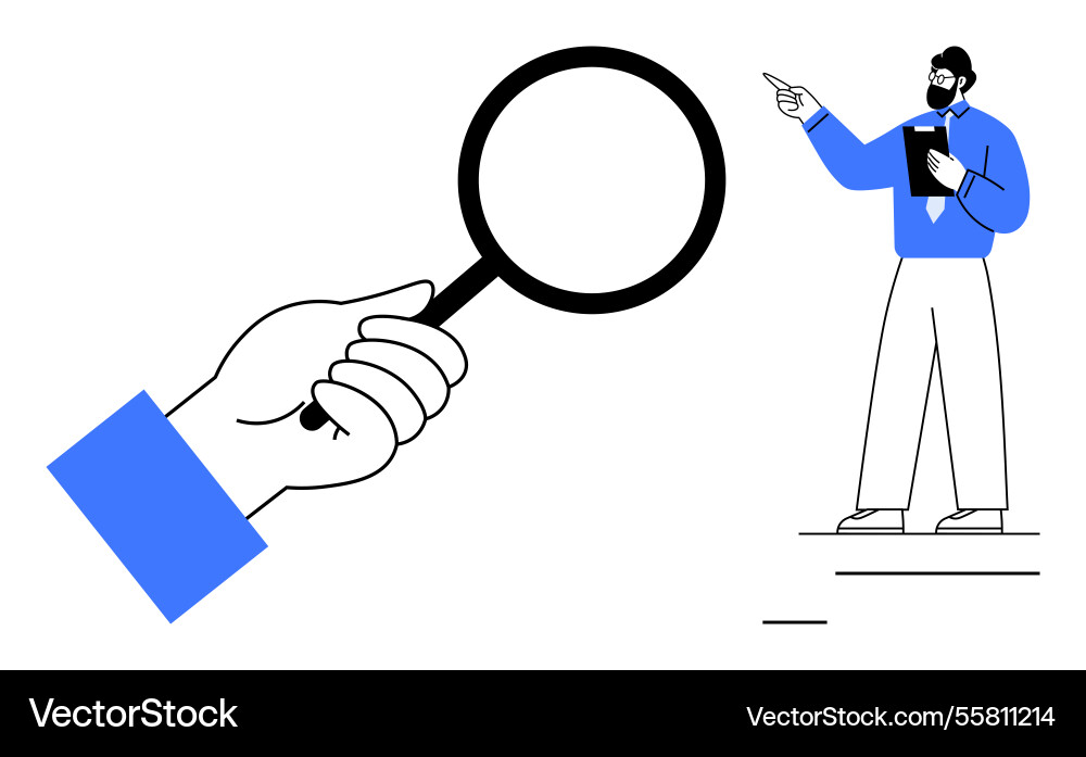 Man pointing with clipboard and large magnifying Man pointing with clipboard and large magnifying vector image