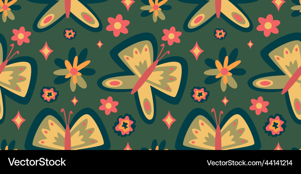 Retro butterfly groovy seamless pattern boho vector image