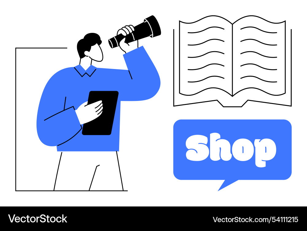 Man searching through telescope with tablet Man searching through telescope with tablet vector image