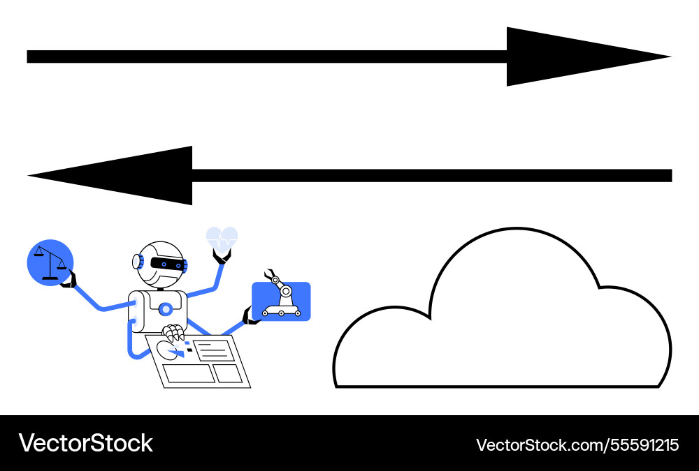 Robot interacting with data and technology Robot interacting with data and technology vector image