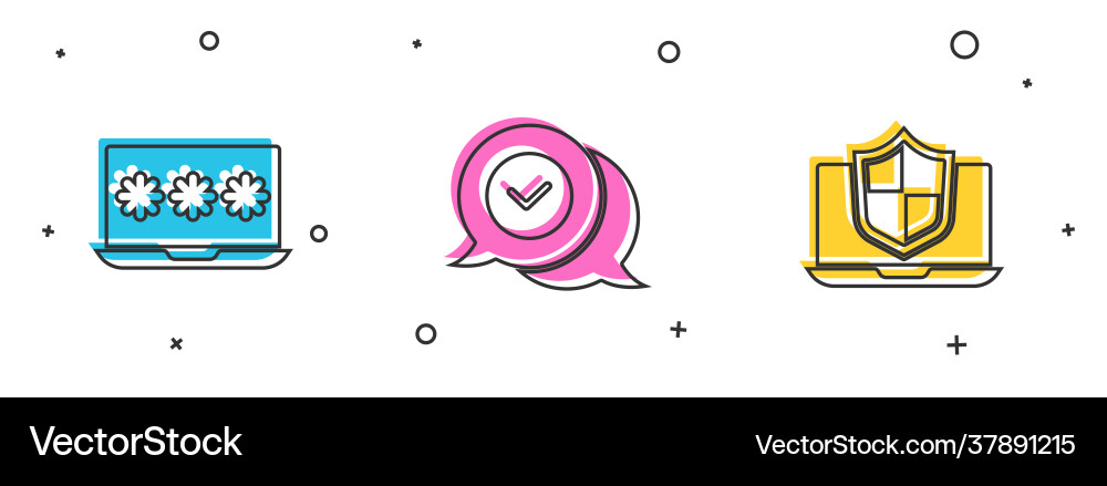 Set laptop with password check mark in speech Set laptop with password check mark in speech vector image