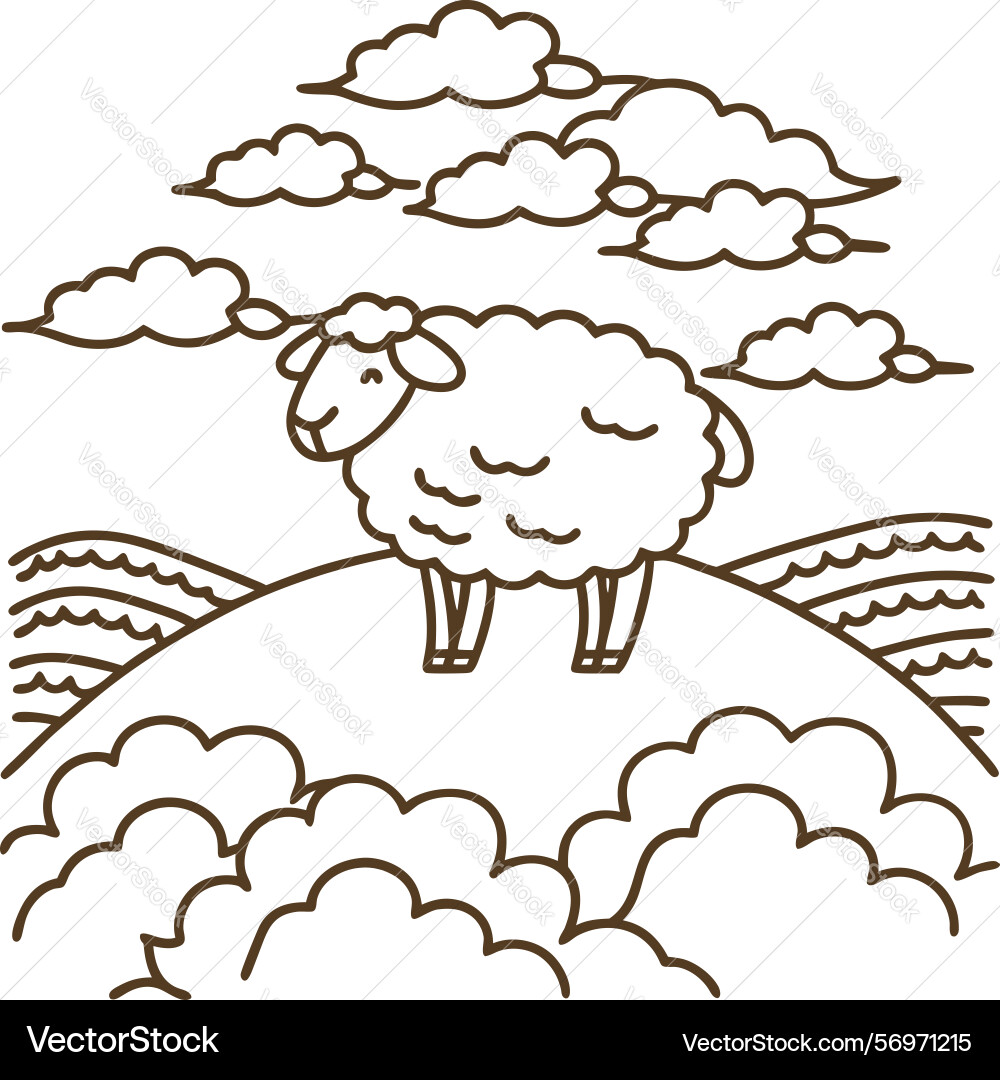 Sheep standing on a hill with clouds and fields Sheep standing on a hill with clouds and fields Vector Image