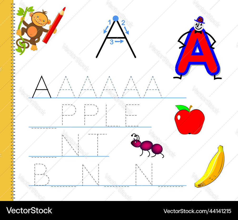 Trace Letter A Worksheet for Kids Royalty Free Vector Image
