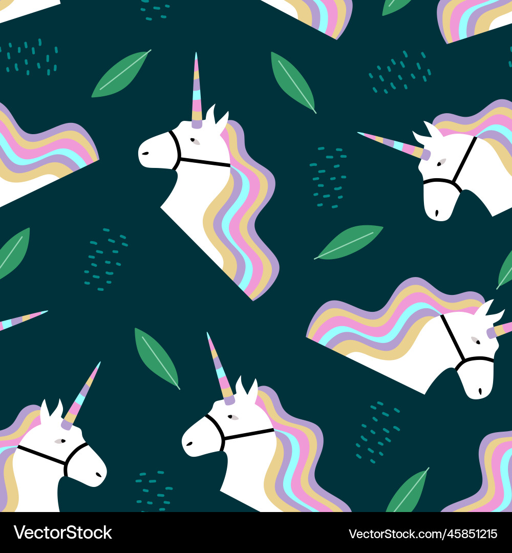 Unicorn head with leaf seamless pattern colorful Unicorn head with leaf seamless pattern colorful vector image