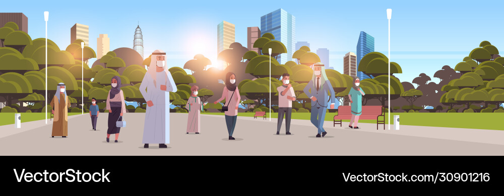 Arab people in masks walking outdoor coronavirus Arab people in masks walking outdoor coronavirus vector image