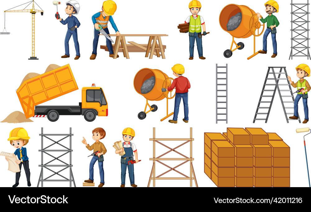 Construction worker set with man and tools Vector Image
