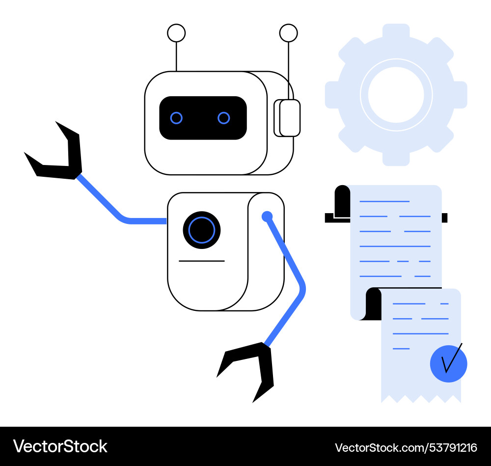 Friendly robot interacting with documents Friendly robot interacting with documents vector image