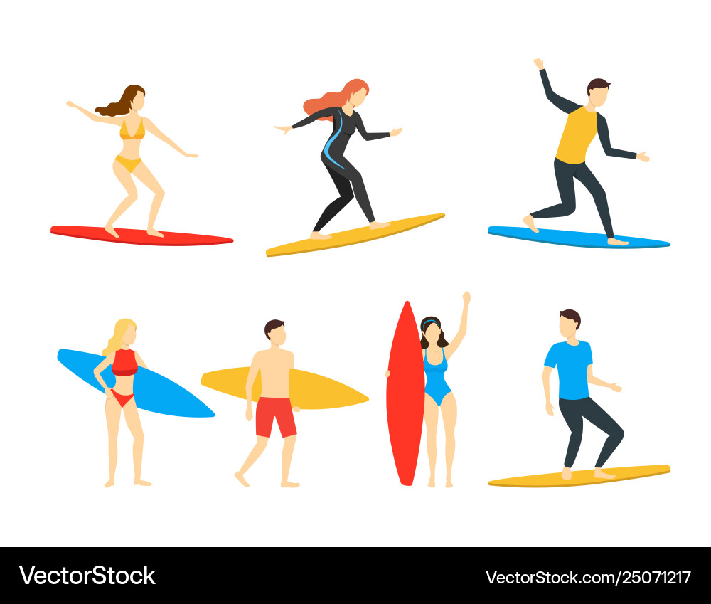 Cartoon different characters people surfers set Cartoon different characters people surfers set vector image