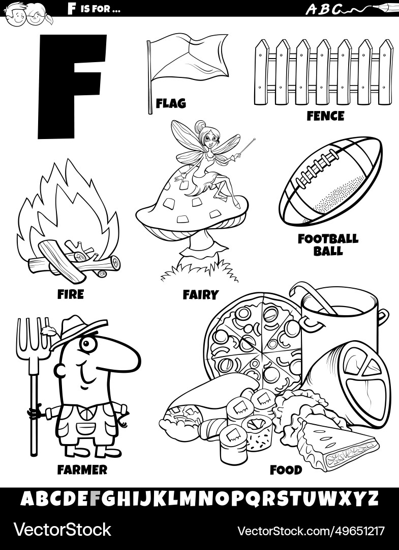 Letter f set with cartoon objects and characters vector image
