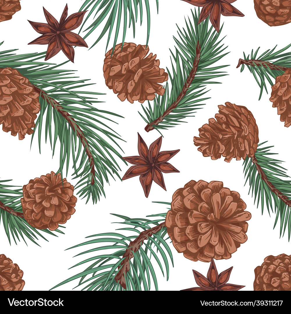 Seamless pattern with fir tree branches and cones Seamless pattern with fir tree branches and cones vector image