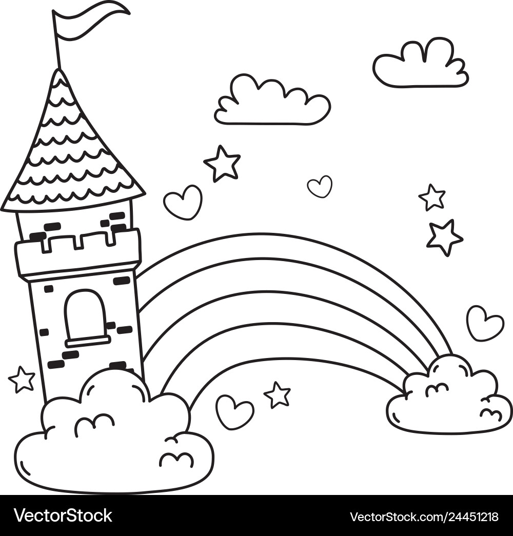 Märchenschloss in den Wolken mit Regenbogenszene Märchenschloss in den Wolken mit Regenbogenszene vektorbild