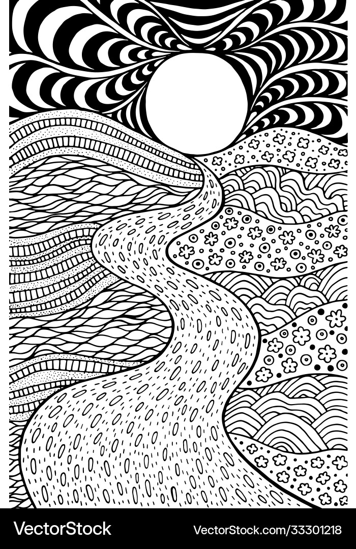 Psychedelic landscape coloring page for adults Psychedelic landscape coloring page for adults vector image
