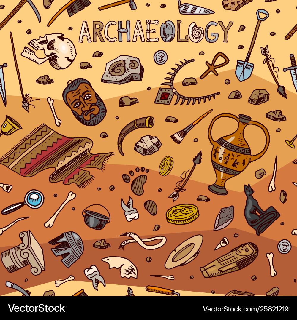 Archaeological Pattern: Tools & Fossils Vector Image