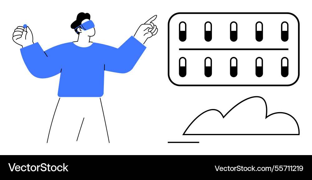 Man exploring virtual interface with augmented Man exploring virtual interface with augmented vector image