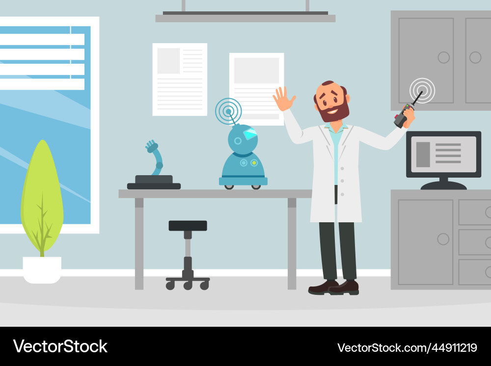 Professional man scientists programming robot vector image