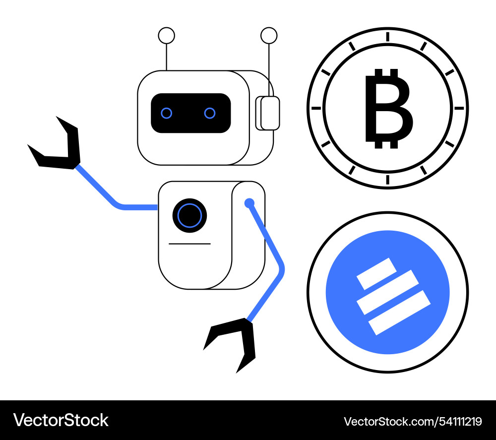 Robot with cryptocurrency symbols representing Robot with cryptocurrency symbols representing vector image
