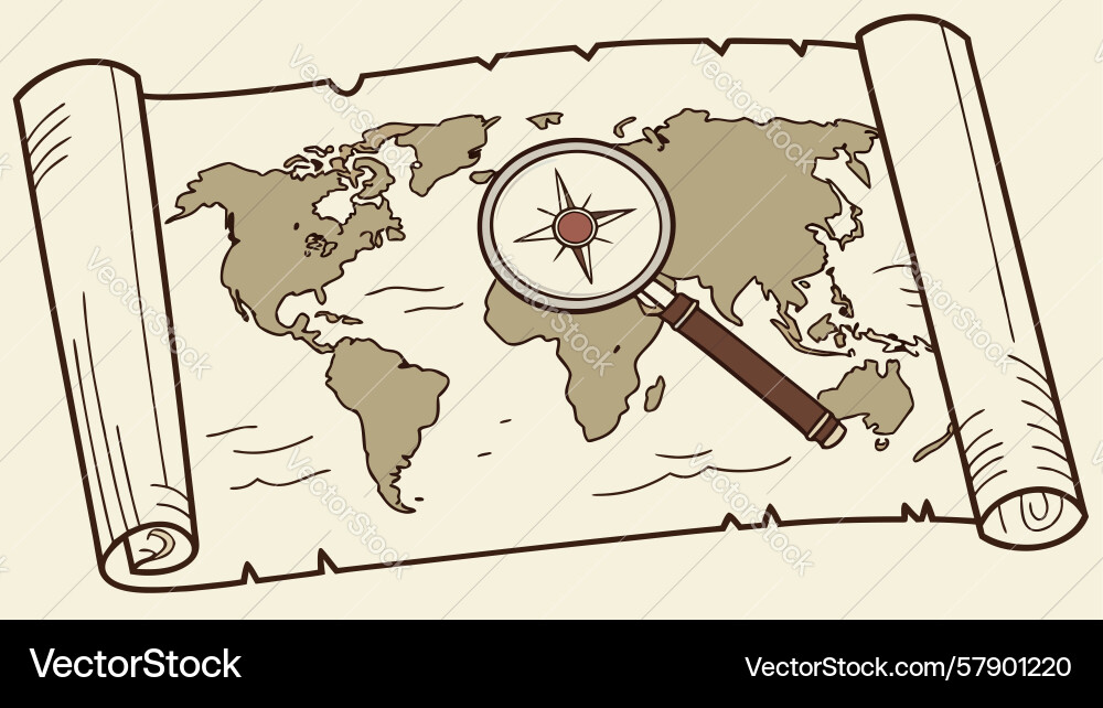 Aged world map scroll with magnifier Vector Image