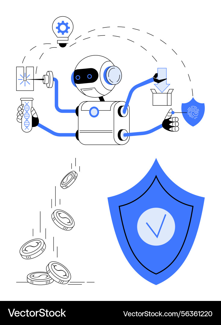 Ai robot managing tasks including security Ai robot managing tasks including security vector image