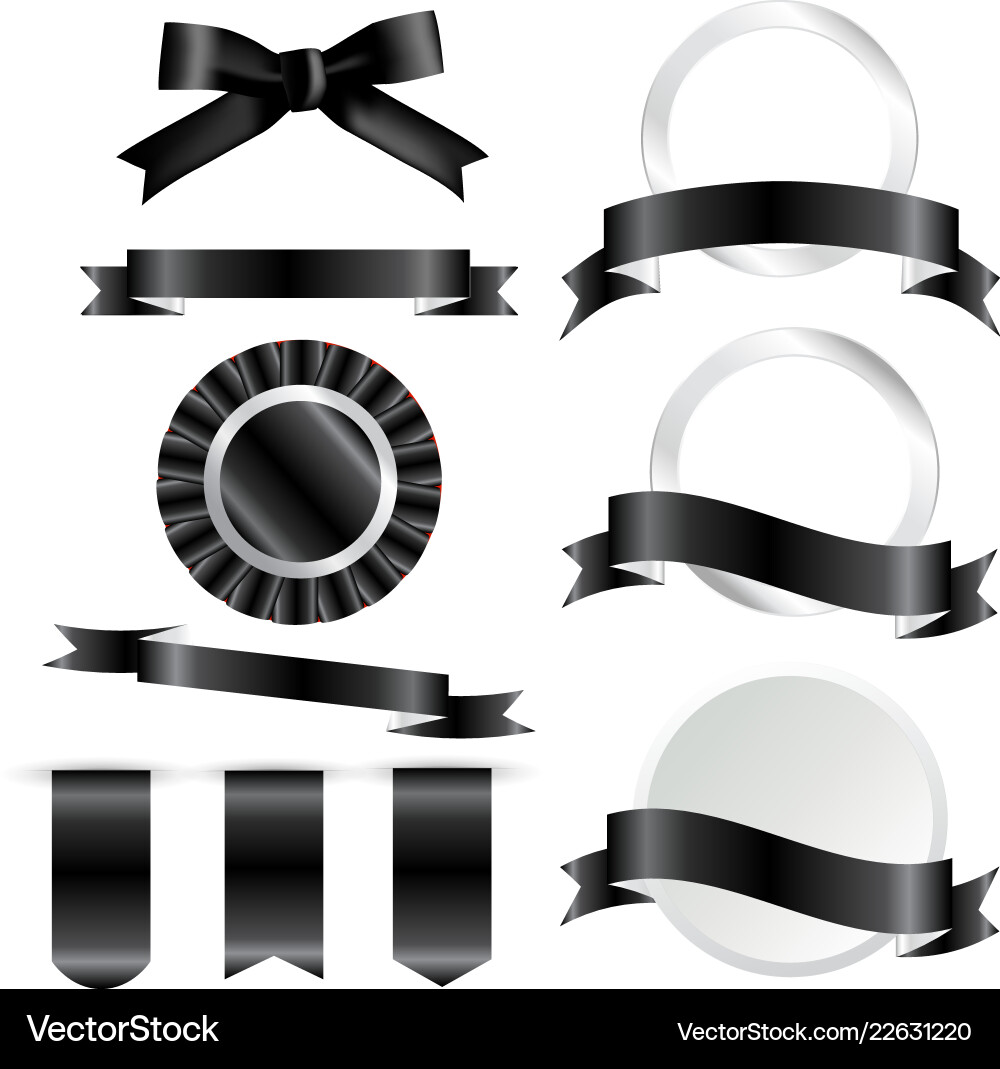 Black ribbons flag and labels set isolated Black ribbons flag and labels set isolated vector image