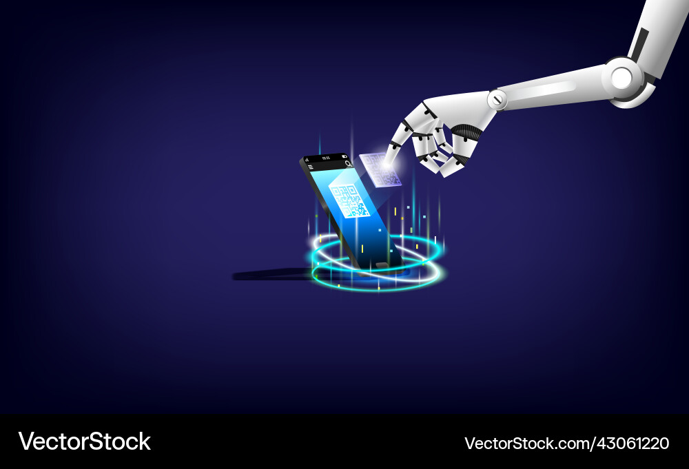 Hand of robot are touching on a hologram qr code Vector Image