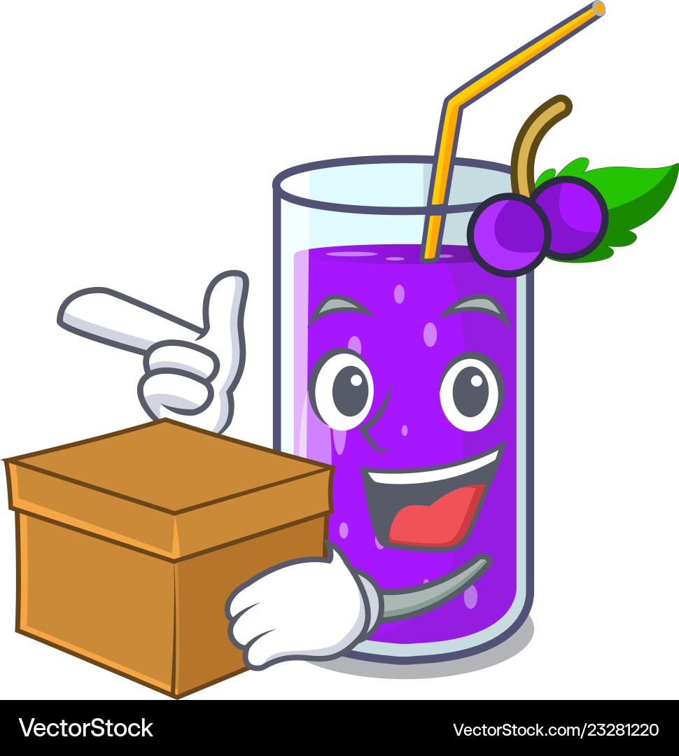 Happy Grape Juice Character with Box Vector Image