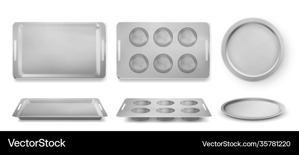 Trays for baking muffins pizza and bakery set Trays for baking muffins pizza and bakery set vector image