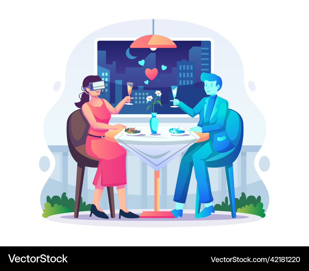 Woman wearing a vr headset on date with male Woman wearing a vr headset on date with male vector image