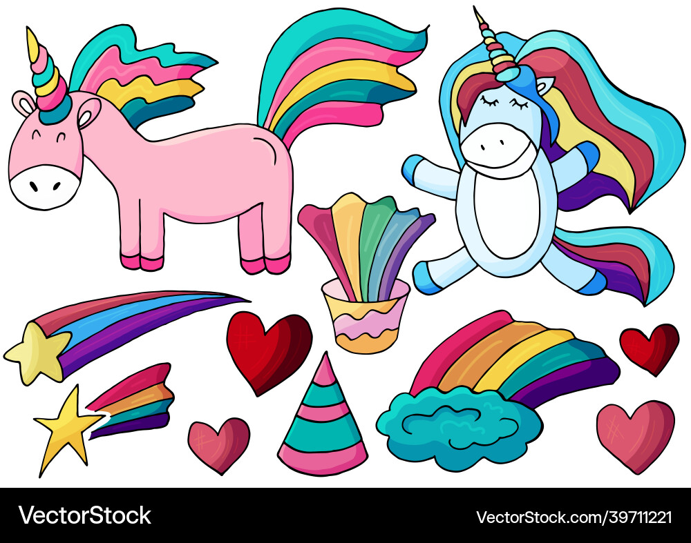 Set of unicorn design elements in hand draw style Set of unicorn design elements in hand draw style vector image