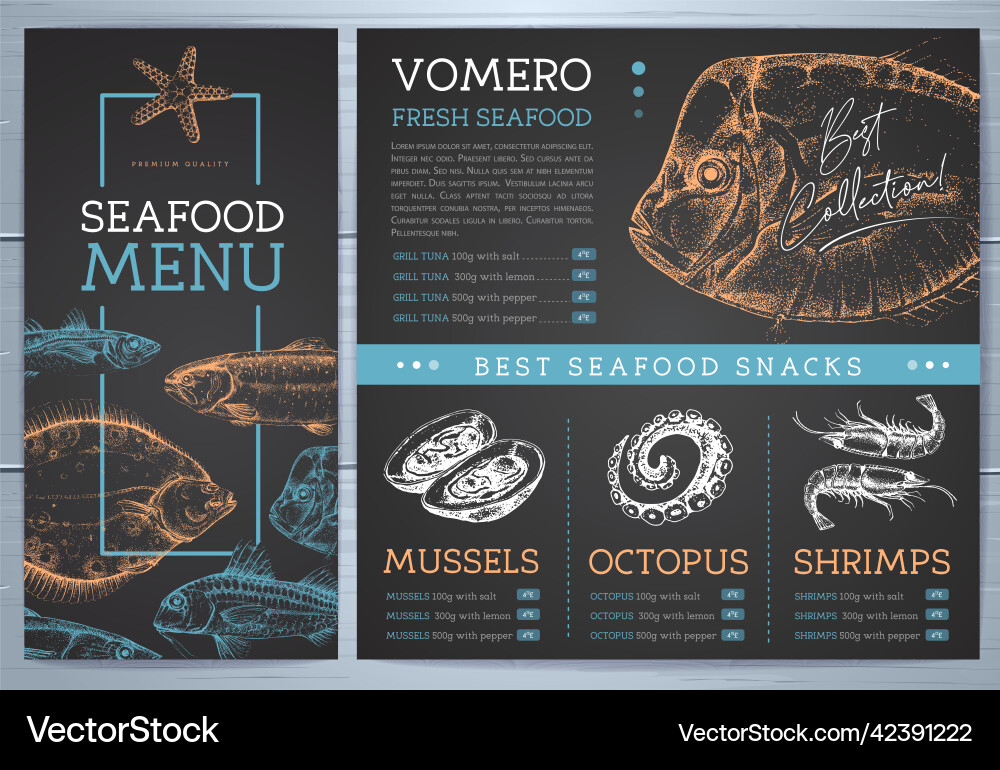 Chalk drawing seafood restaurant menu design Chalk drawing seafood restaurant menu design vector image