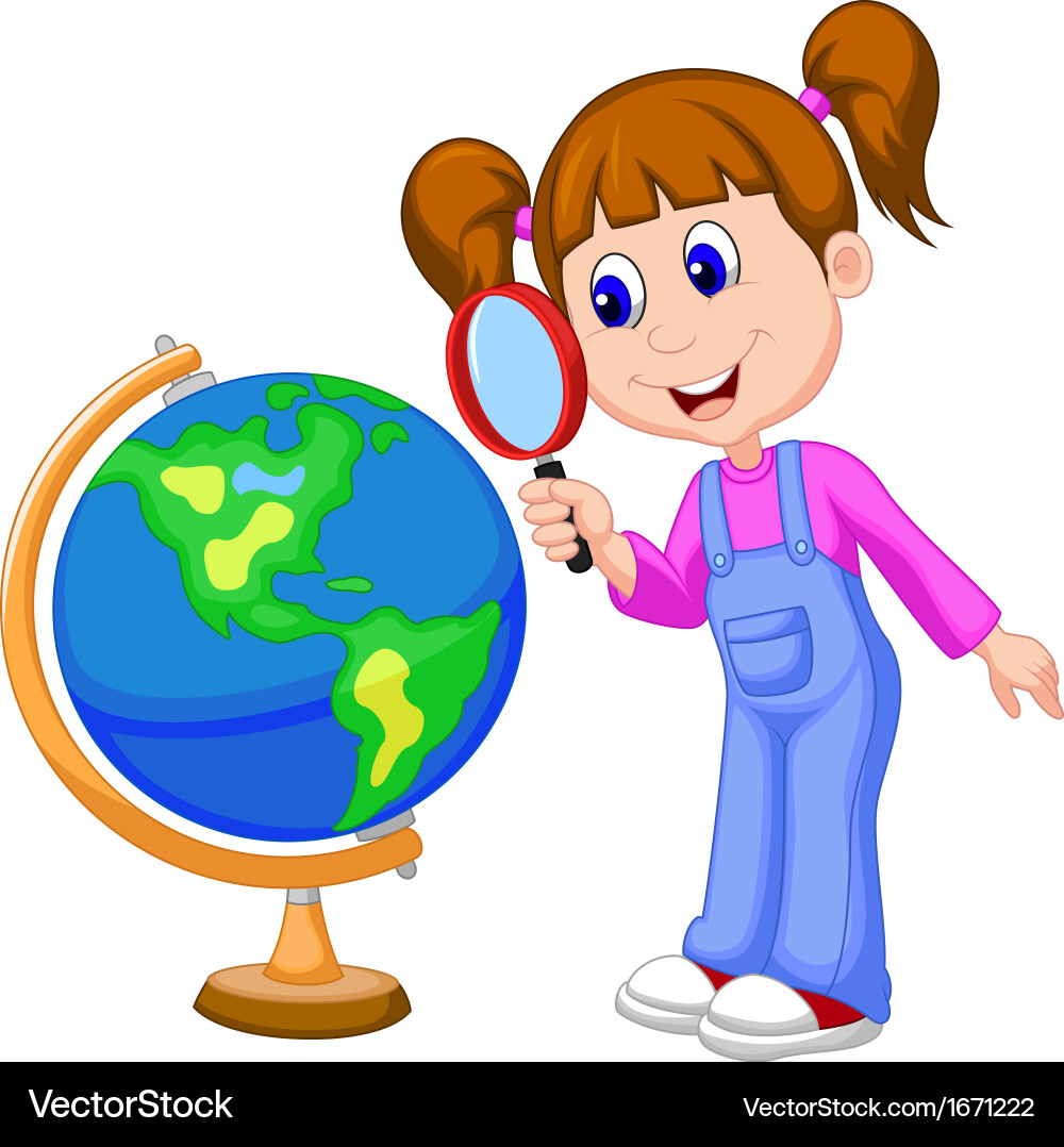 Mädchen Prüfung Globe mit Lupe Vektorbild