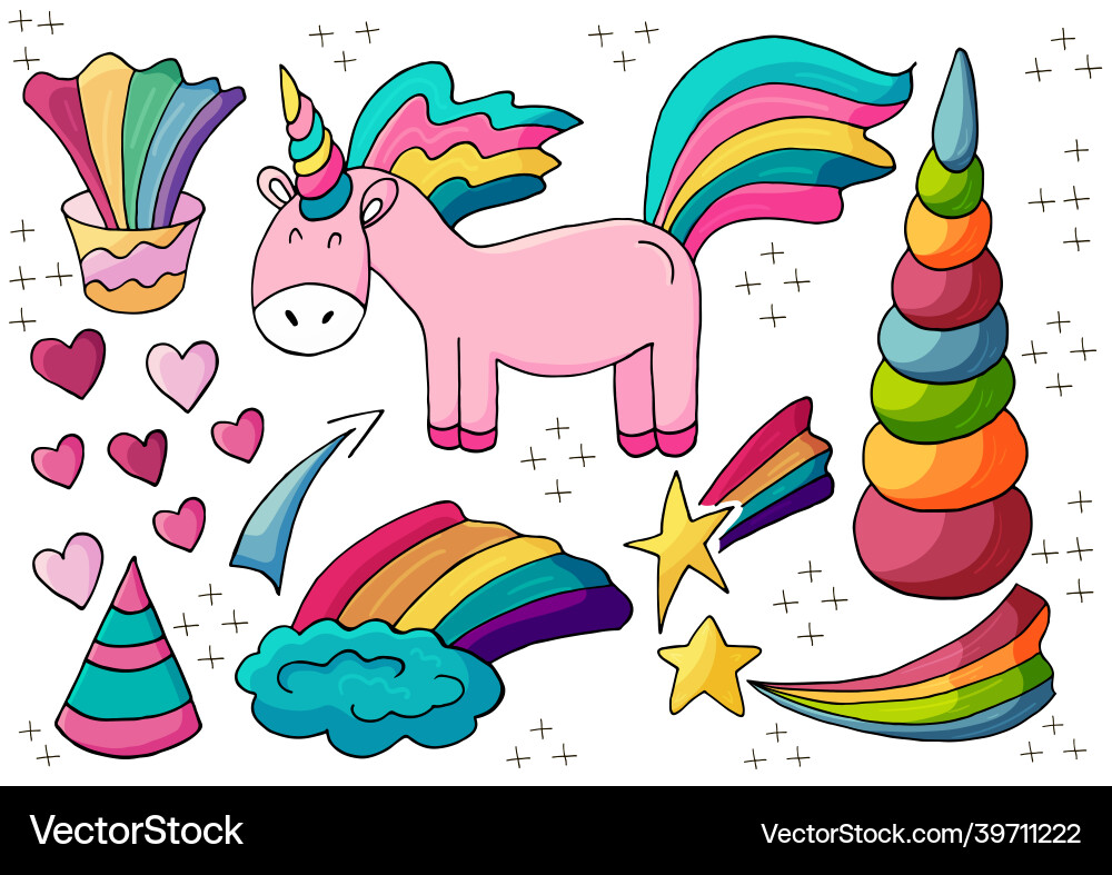Set of unicorn design elements in hand draw style Set of unicorn design elements in hand draw style vector image