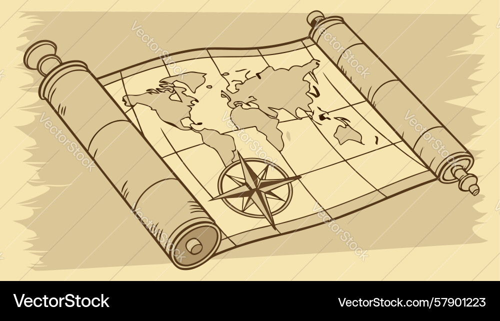 Ancient map scroll with magnifying glass Vector Image