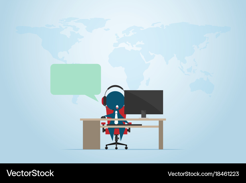 Businessman working in a call center with computer Vector Image
